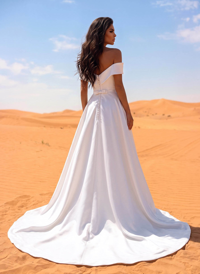 A-Line Off-The-Shoulder Sleeveless Satin Wedding Dresses With Bow(s)