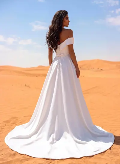 Ball-Gown Off-The-Shoulder Sleeveless Satin Wedding Dresses With Bow(s)