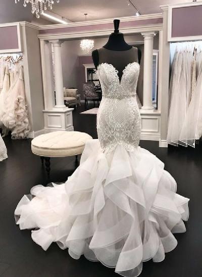 Trumpet/Mermaid Illusion Neck Luxury Lace/Tulle Wedding Dresses With Cascading Ruffles
