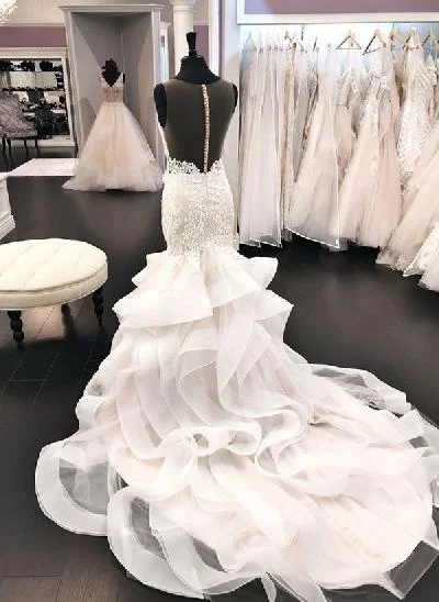 Trumpet/Mermaid Illusion Neck Luxury Lace/Tulle Wedding Dresses With Cascading Ruffles