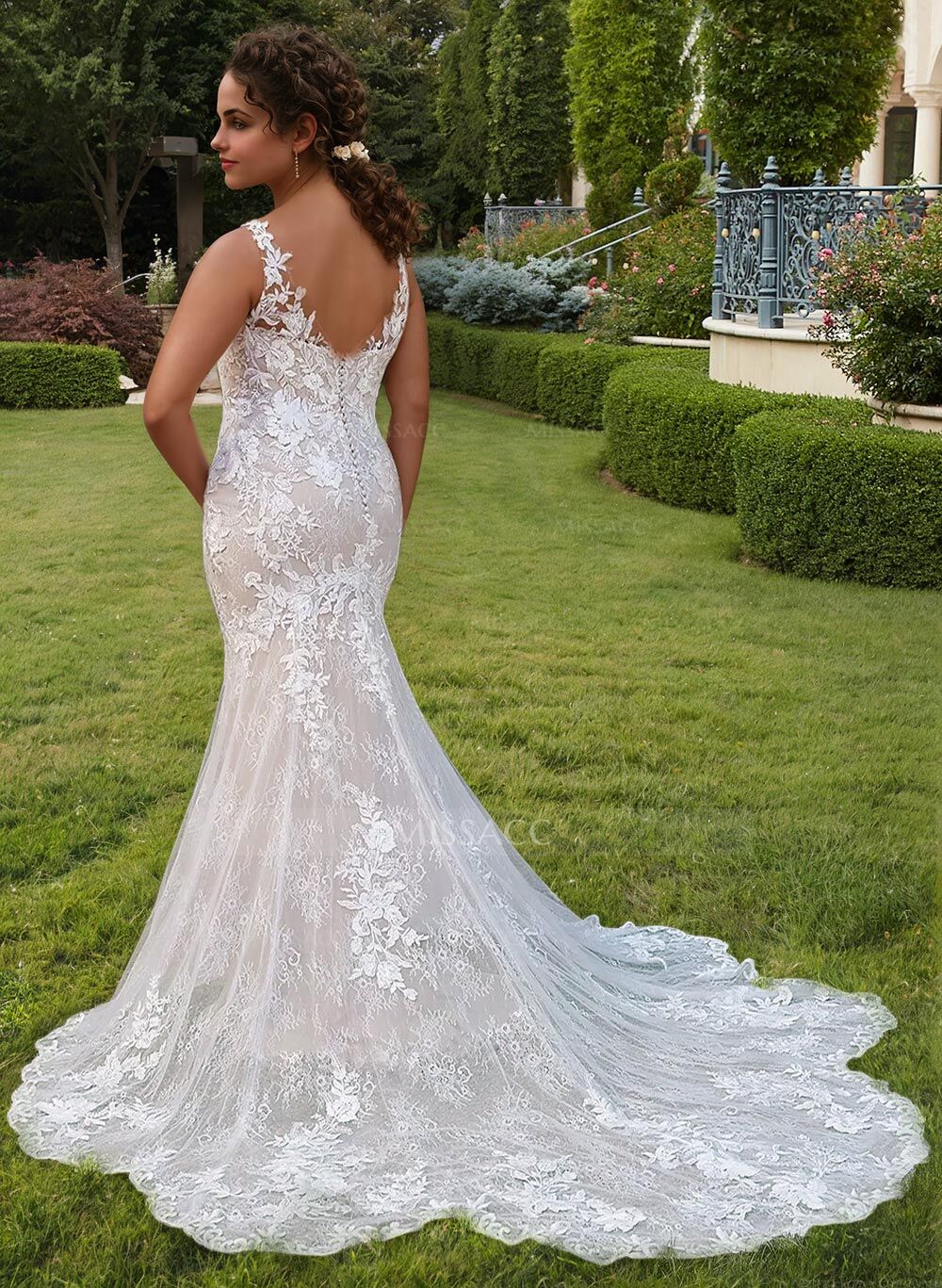 Trumpet/Mermaid V-Neck Sleeveless Chapel Train Lace/Tulle Wedding Dresses