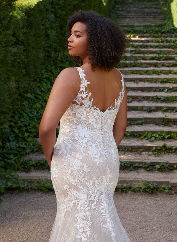 Trumpet/Mermaid V-Neck Sleeveless Chapel Train Lace/Tulle Wedding Dresses