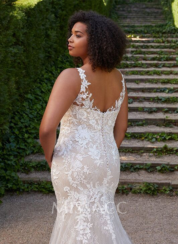 Trumpet/Mermaid V-Neck Sleeveless Chapel Train Lace/Tulle Wedding Dresses Trumpet/Mermaid V-Neck Sleeveless Chapel Train Lace/Tulle Wedding Dresses