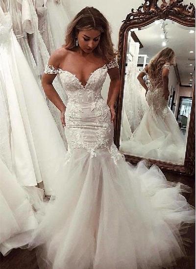 Trumpet/Mermaid Off-the-Shoulder Sweep Train Lace/Tulle Wedding Dresses