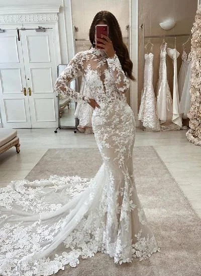Trumpet/Mermaid Luxury High Neck Vintage Long Sleeves Lace/Tulle Wedding Dresses