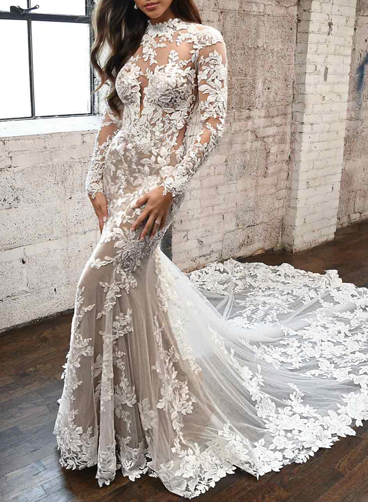 Trumpet/Mermaid Luxury High Neck Vintage Long Sleeves Lace/Tulle Wedding Dresses