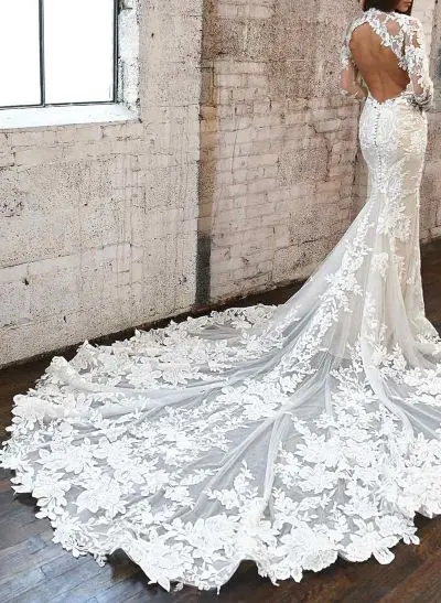 Trumpet/Mermaid Luxury High Neck Vintage Long Sleeves Lace/Tulle Wedding Dresses