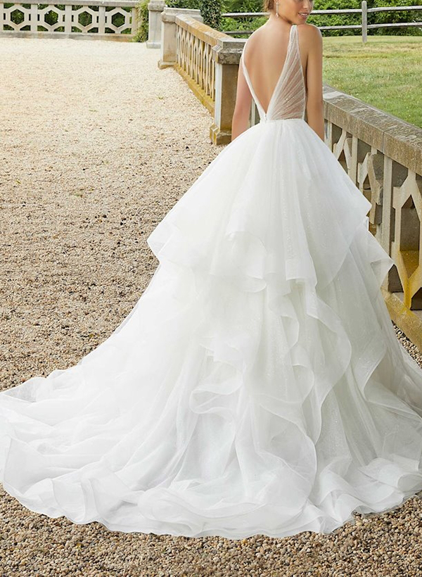 Ball-Gown V-neck Elegant Tulle Cascading Ruffles Wedding Dresses