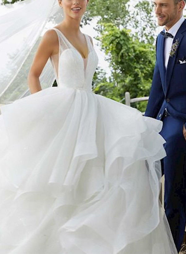 Ball-Gown V-neck Elegant Tulle Cascading Ruffles Wedding Dresses