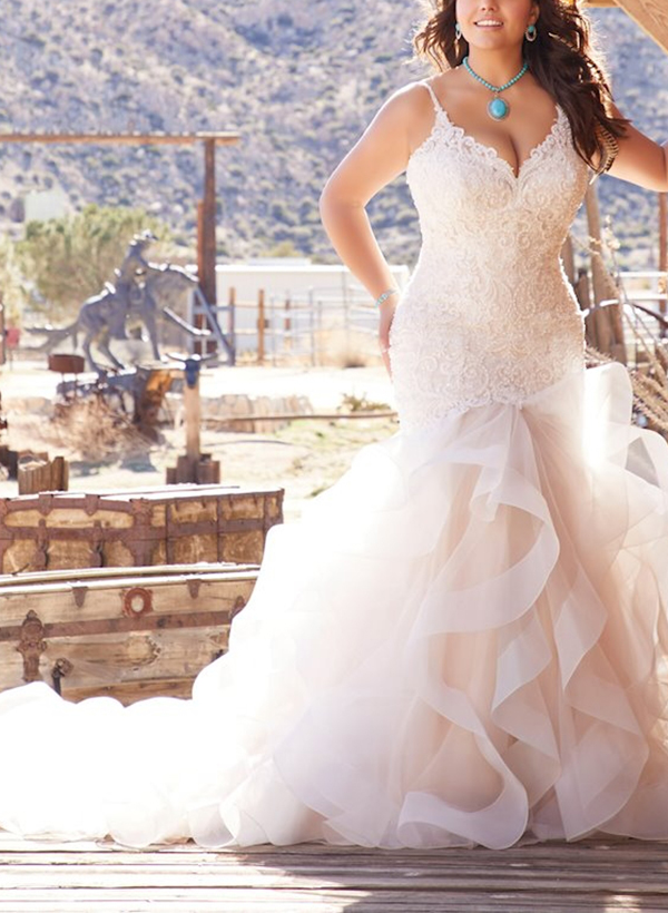 Retro style Lace Tulle Wedding Dresses Beaded Mermaid Fitted V-Neck main image 1