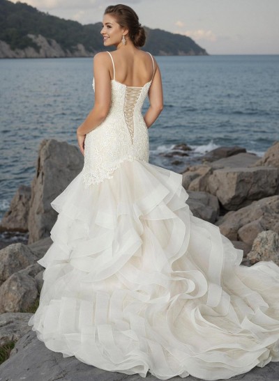 Trumpet/Mermaid V-Neck Vintage Lace/Tulle Wedding Dresses With Beading
