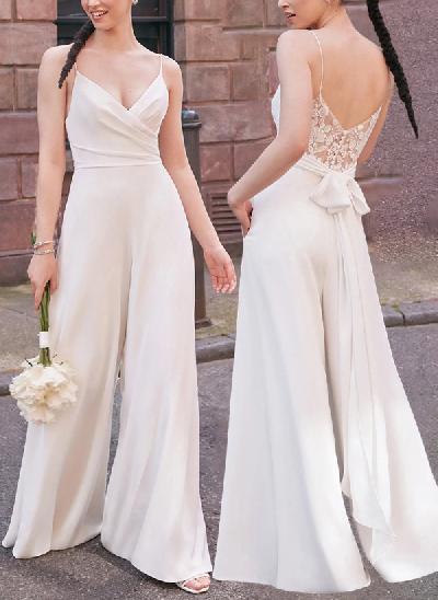 Modern Jumpsuit/Pantsuit V-neck Satin Wedding Dresses With Bow(s)/Pockets