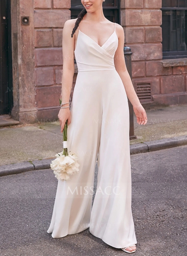 Modern Jumpsuit/Pantsuit V-neck Satin Wedding Dresses With Bow(s)/Pockets