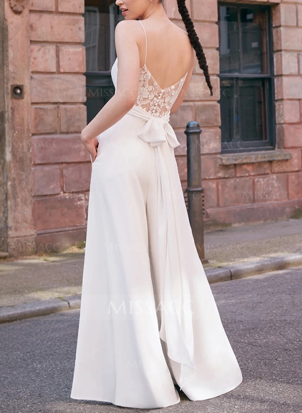 Modern Jumpsuit/Pantsuit V-neck Satin Wedding Dresses With Bow(s)/Pockets