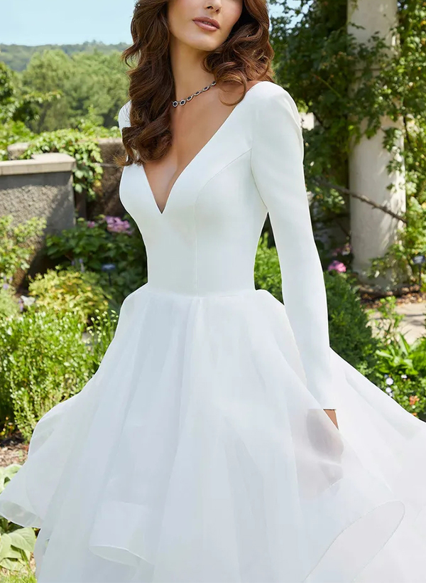 Ball-Gown V-Neck Long Sleeves Satin/Organza Wedding Dresses With Cascading Ruffles