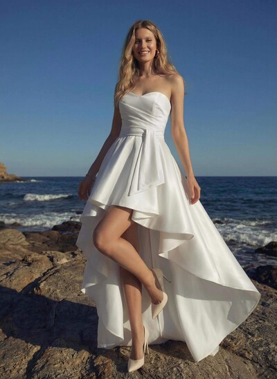 A-Line Sweetheart Symmetrical Satin Wedding Dresses With Cascading Ruffles