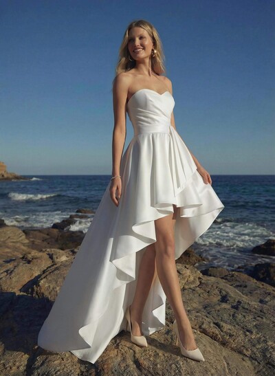 A-Line Sweetheart Symmetrical Satin Wedding Dresses With Cascading Ruffles