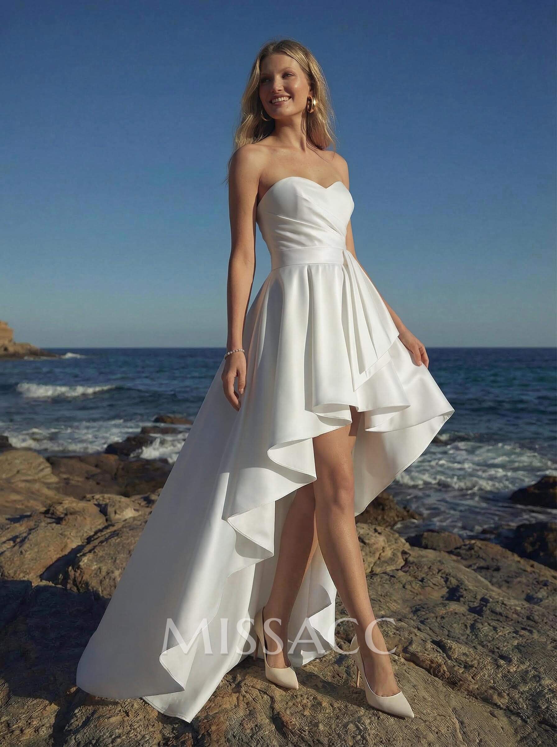 A-Line Sweetheart Symmetrical Satin Wedding Dresses With Cascading Ruffles A-Line Sweetheart Symmetrical Satin Wedding Dresses With Cascading Ruffles