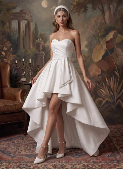 A-Line Sweetheart Symmetrical Satin Wedding Dresses With Cascading Ruffles