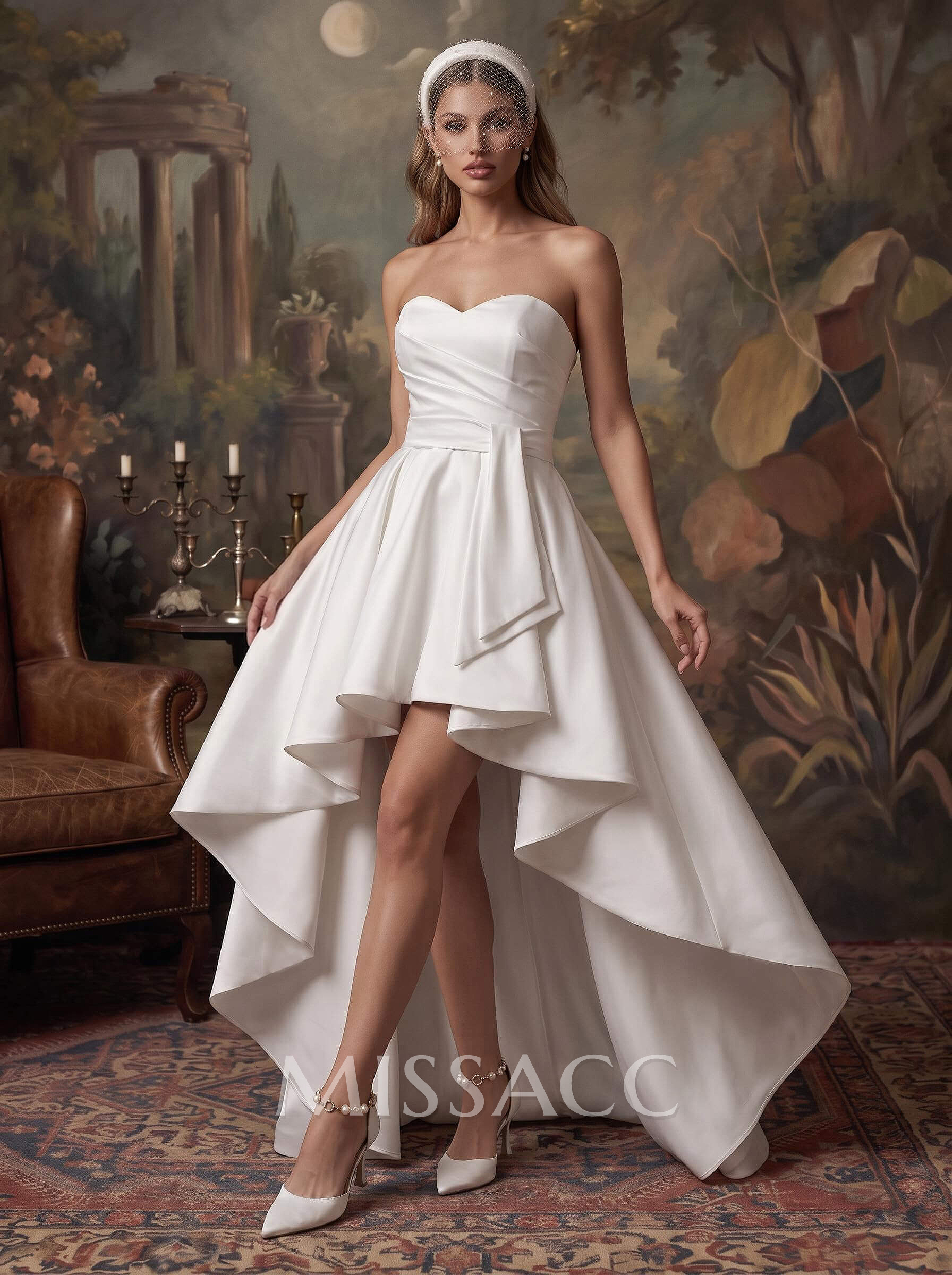 A-Line Sweetheart Symmetrical Satin Wedding Dresses With Cascading Ruffles