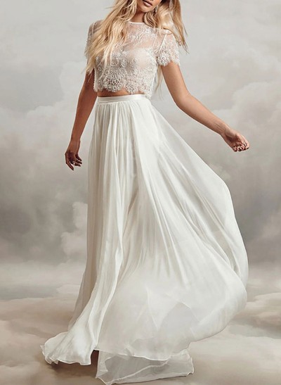 Two-Piece Wedding Dresses With Chiffon Lace Short Sleeves A-Line Bridal Dress