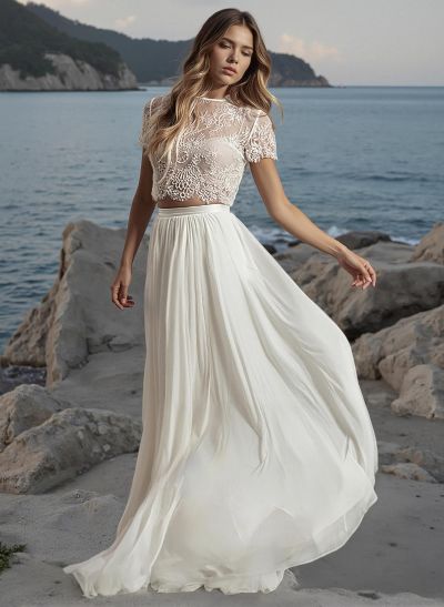 Two-Piece Wedding Dresses With Chiffon Lace Short Sleeves A-Line Bridal Dress