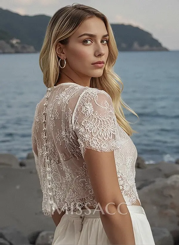 Two-Piece Wedding Dresses With Chiffon Lace Short Sleeves A-Line Bridal  Dress - Missacc