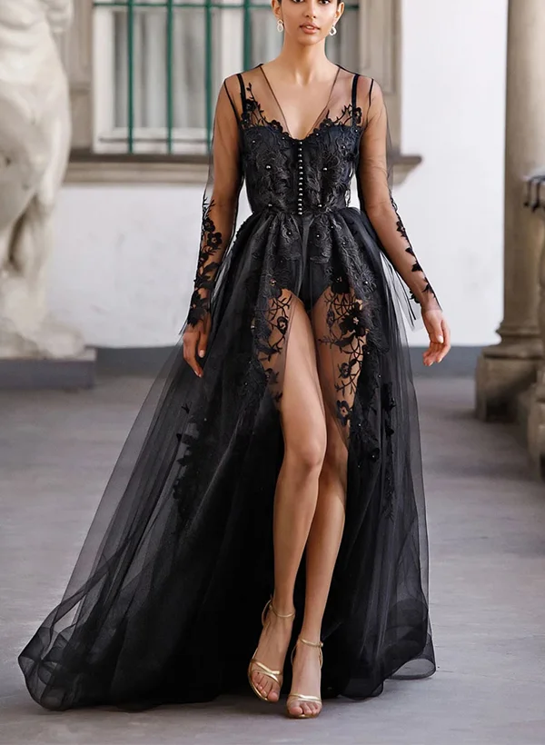 navy blue dress for baby girl A Line Black Sweetheart Long Sleeves Beach Wedding Dress TN383 US6 / Black main image 1