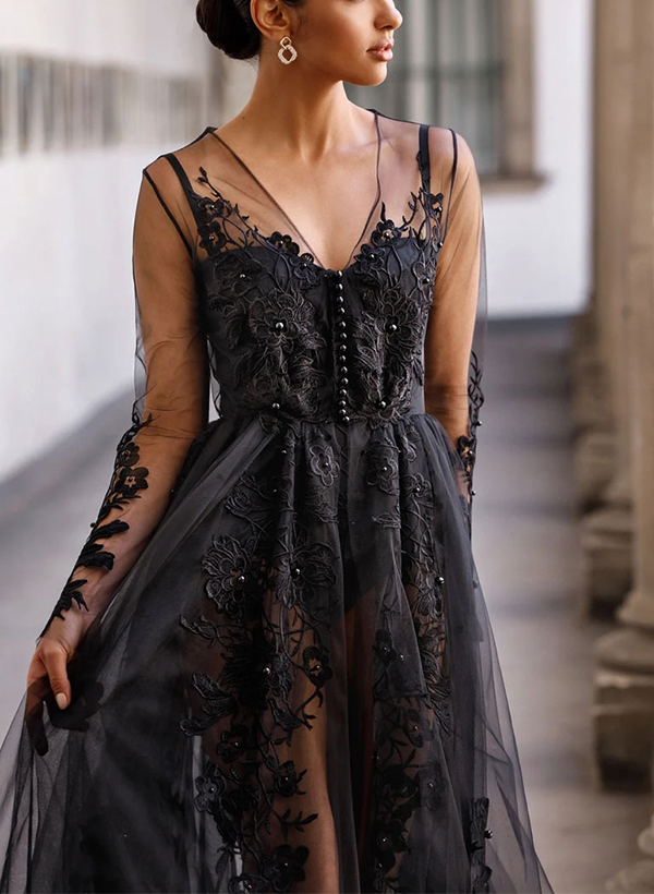 Luxury V-neck Long Sleeves Sexy A-Line Lace/Tulle Black Wedding Dress With Split Front