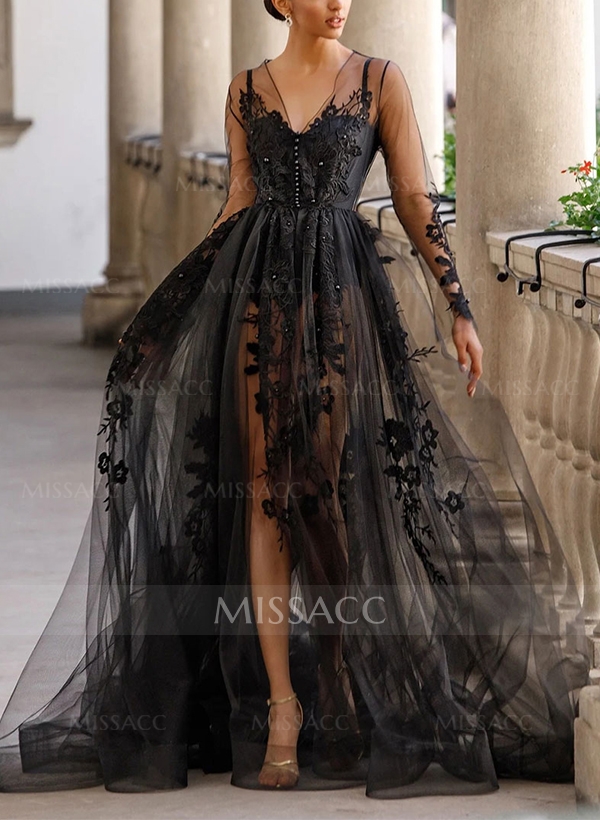 Luxury V-neck Long Sleeves Sexy A-Line Lace/Tulle Black Wedding Dress With Split Front