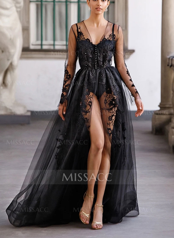 Luxury V-neck Long Sleeves Sexy A-Line Lace/Tulle Black Wedding Dress With Split Front