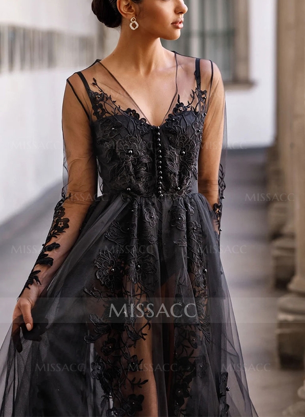 Luxury V-neck Long Sleeves Sexy A-Line Lace/Tulle Black Wedding Dress With Split Front