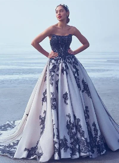 Luxury Ball-Gown Strapless Lace/Tulle Black Wedding Dresses With Appliques Lace