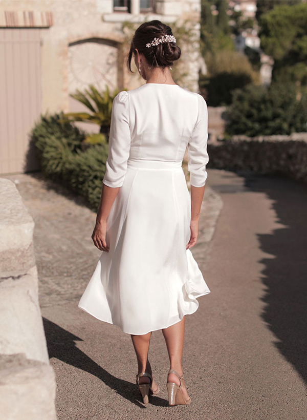 A-Line V-Neck 3/4 Sleeves Tea-Length Chiffon Short Wedding Dresses