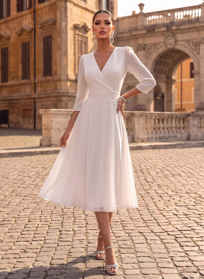 A-Line V-Neck 3/4 Sleeves Tea-Length Chiffon Short Wedding Dresses