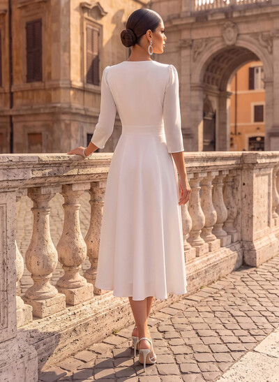 A-Line V-Neck 3/4 Sleeves Tea-Length Chiffon Short Wedding Dresses