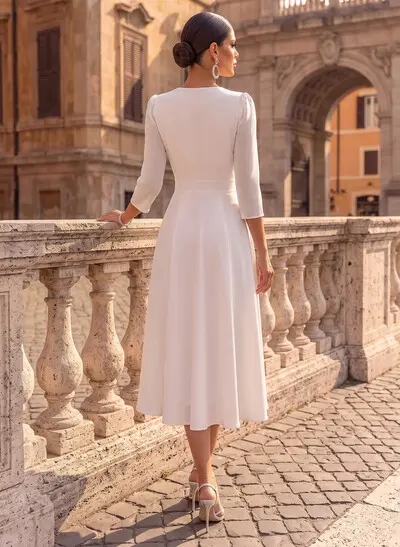 A-Line V-Neck 3/4 Sleeves Tea-Length Chiffon Short Wedding Dresses