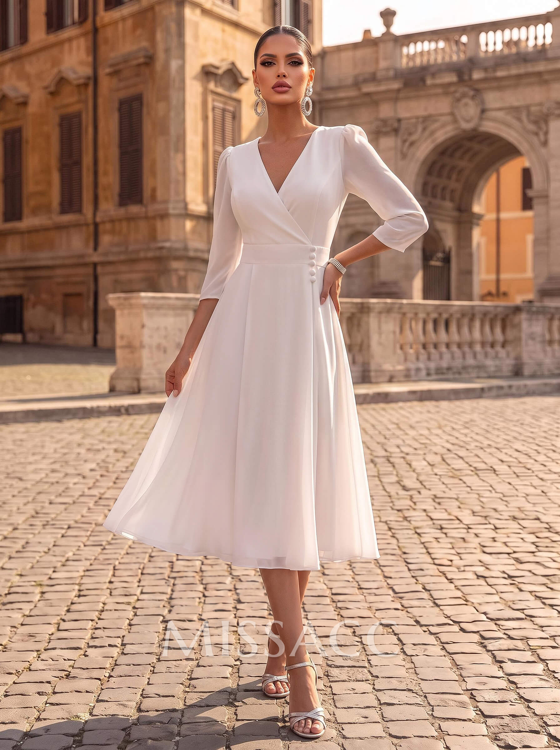 A-Line V-Neck 3/4 Sleeves Tea-Length Chiffon Short Wedding Dresses