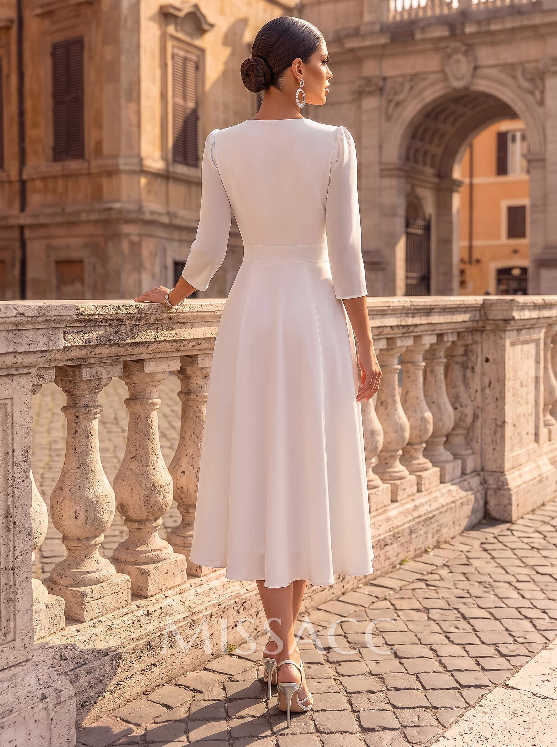 A-Line V-Neck 3/4 Sleeves Tea-Length Chiffon Short Wedding Dresses
