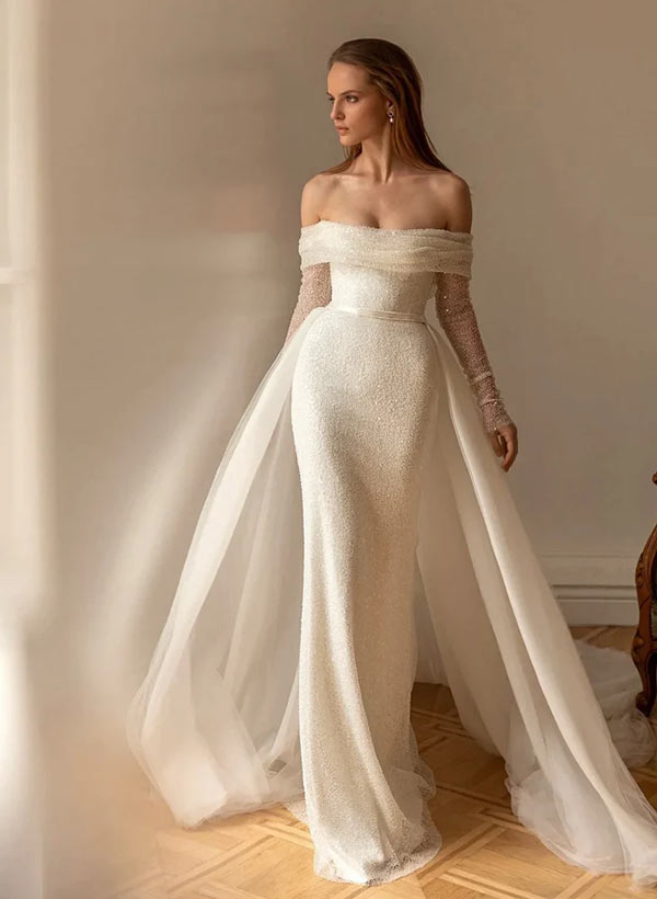 Sheath Off-the-Shoulder Sleeveless Sweep Train Sequined Wedding Dresses With Detachable Train