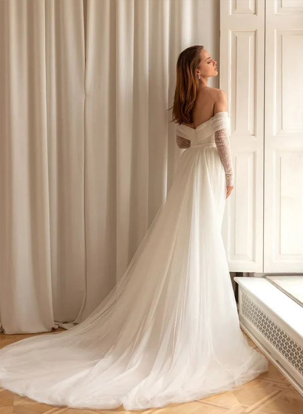 Sheath Off-the-Shoulder Sleeveless Sweep Train Sequined Wedding Dresses With Detachable Train
