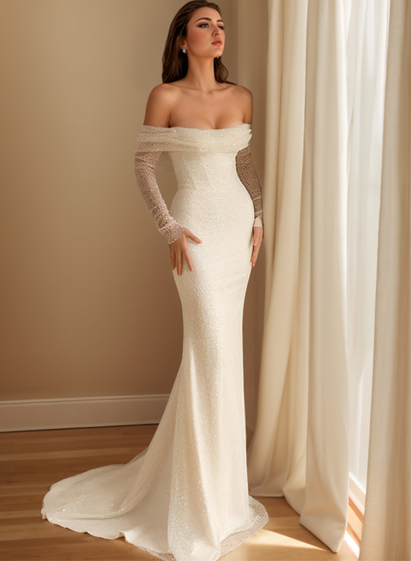 Sheath Off-The-Shoulder Sleeveless Sweep Train Sequined Wedding Dresses With Detachable Train