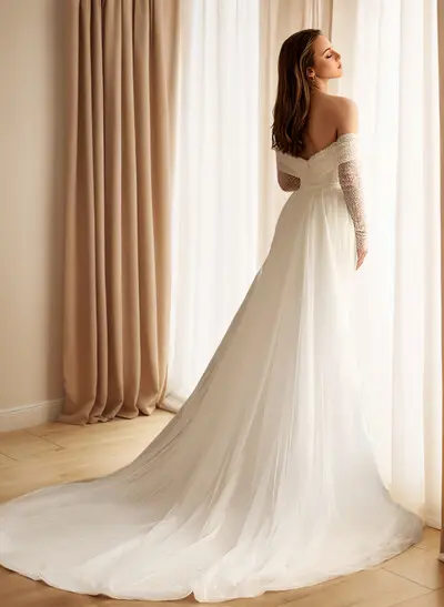 Sheath Off-The-Shoulder Sleeveless Sweep Train Sequined Wedding Dresses With Detachable Train