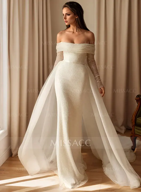 Missacc Ivory Bride Sheath Off-The-Shoulder Sleeveless Sweep Train Sequined Wedding Dresses with Detachable Train