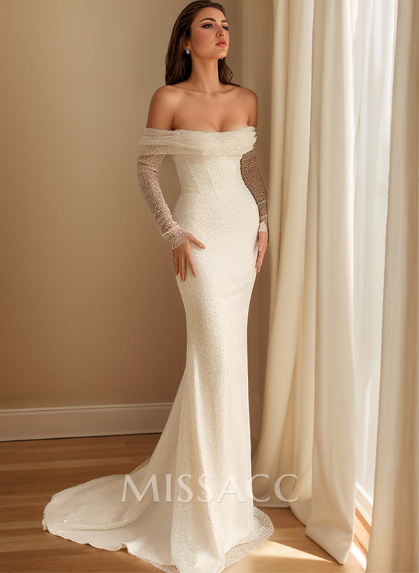 Sheath Off-The-Shoulder Sleeveless Sweep Train Sequined Wedding Dresses With Detachable Train