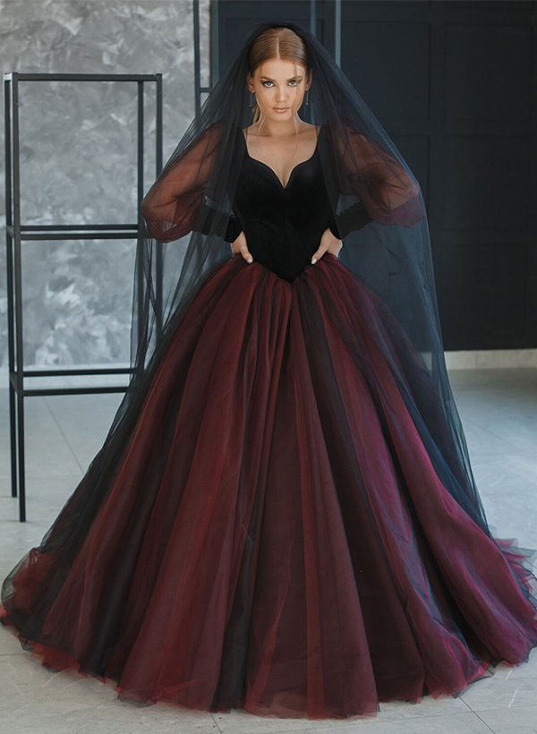 Ball-Gown V-neck Long Sleeves Vintage Tulle/Velvet Black Red Gothic ...