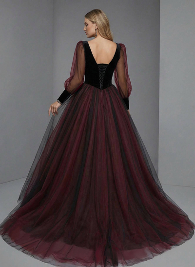Ball-Gown V-Neck Long Sleeves Vintage Tulle/Velvet Black Red Gothic Wedding Dresses