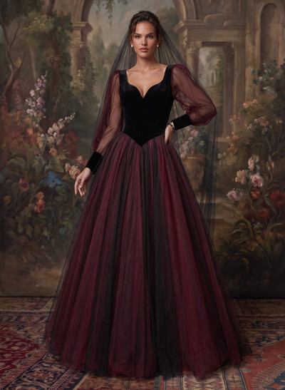 Ball-Gown V-Neck Long Sleeves Vintage Tulle/Velvet Black Red Gothic Wedding Dresses