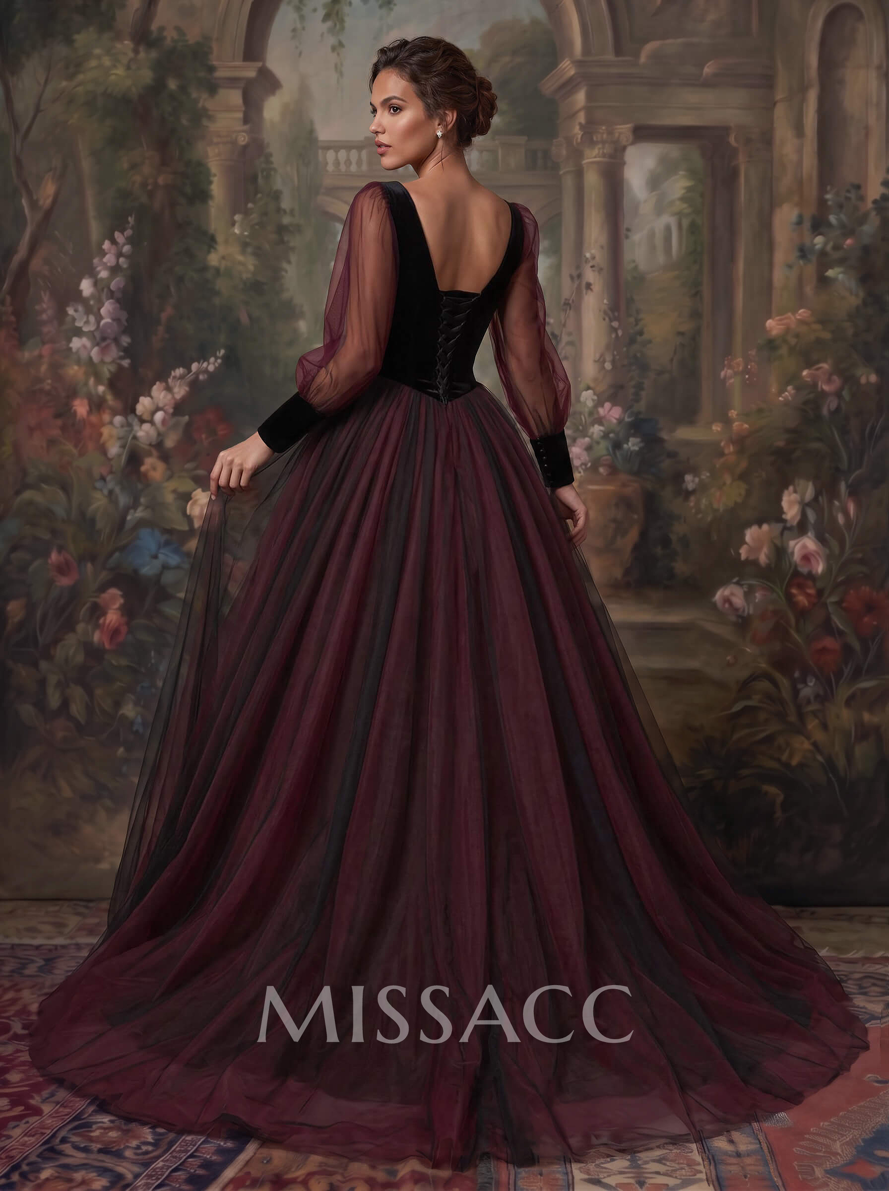 Ball-Gown V-Neck Long Sleeves Vintage Tulle/Velvet Black Red Gothic Wedding Dresses