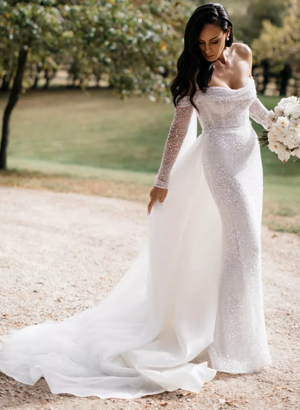 Sequined Off-The-Shoulder Long Sleeves Wedding Dresses With Detachable Train